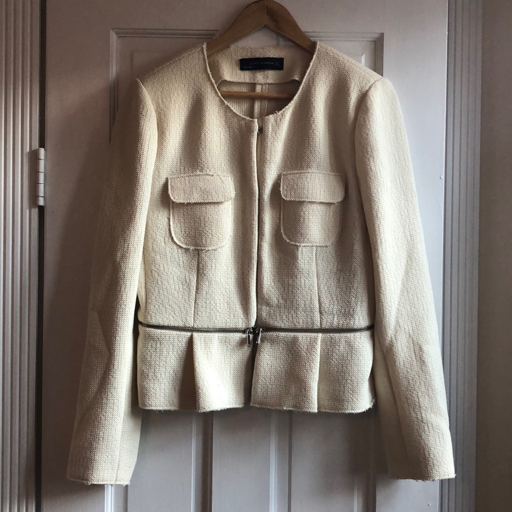 Zara Woman Woven Blazer w/ Zipper Detail